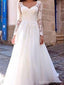 Vestidos de novia baratos de una línea de encaje de manga larga en línea, WD366