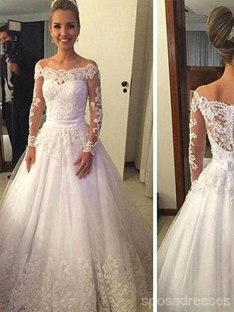 Pas cher Vantage Off Épaule Manches Longues Blanc Dentelle Tulle Robes De Soirée De Mariage, WD0015