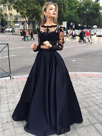 Vestido de fiesta largo, vestido de fiesta negro, vestido de fiesta con encaje, vestido de fiesta elegante de manga larga, PD0045