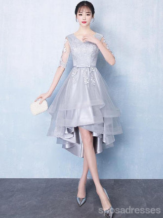Long Sleeves High Low Grey Lace Cheap Homecoming Dresses Online, CM693