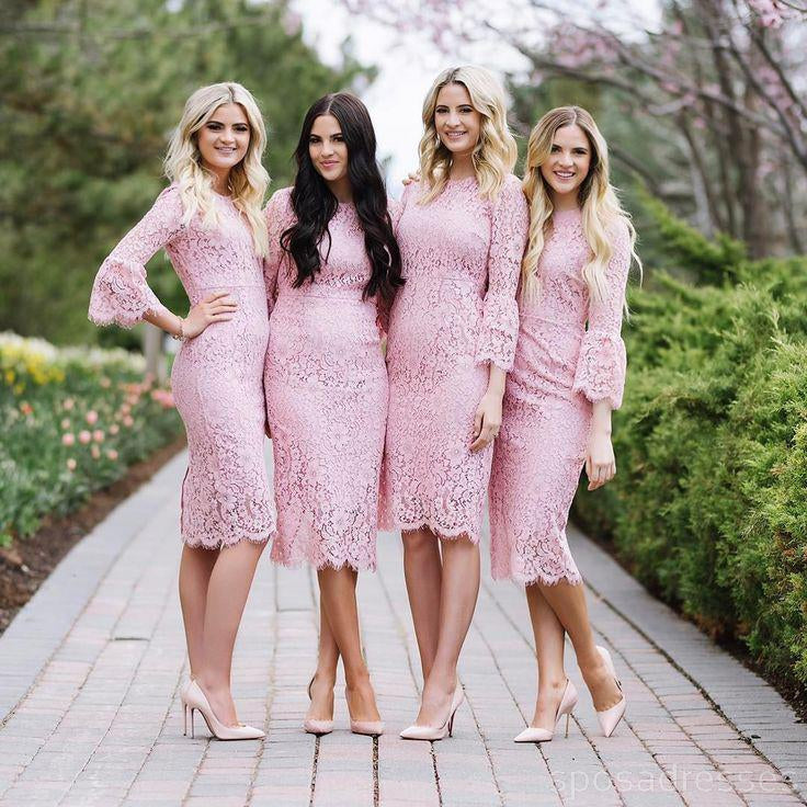 Long Sleeves Pink Lace Mermaid Cheap Short Bridesmaid Dresses Online, WG257