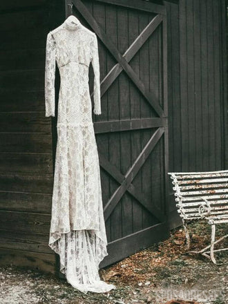 Long Sleeves High Neck Backless Lace Boho Wedding Dresses, Mermaid Wedding Gown, WD704