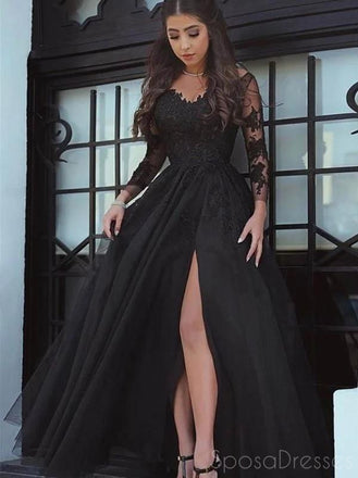 Long Sleeves Black Side Slit Long Evening Prom Dresses, Sweet 16 Prom Dresses, 12364