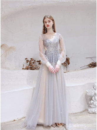 See Through A-line Long Sleeves V-neck Backless Prom Dresses Online,12760