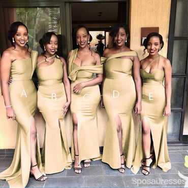 Mermaid Gold High Slit Long Bridesmaid Dresses Gown Online, WG1029