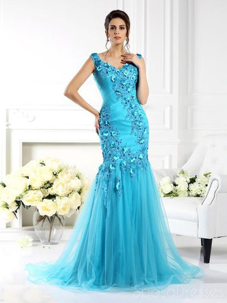 Sexy Mermaid Sleeveless Blue Long Prom Dresses, Sweet 16 Prom Dresses, 12355