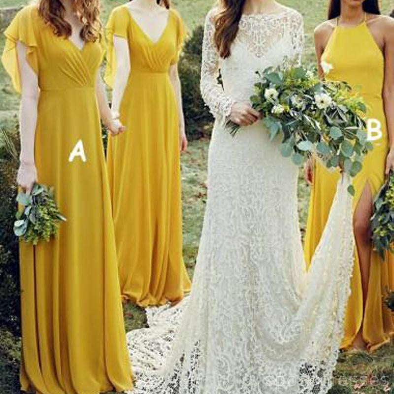 Vestidos de dama de honor baratos de gasa larga amarilla mal combinados en línea, WG269