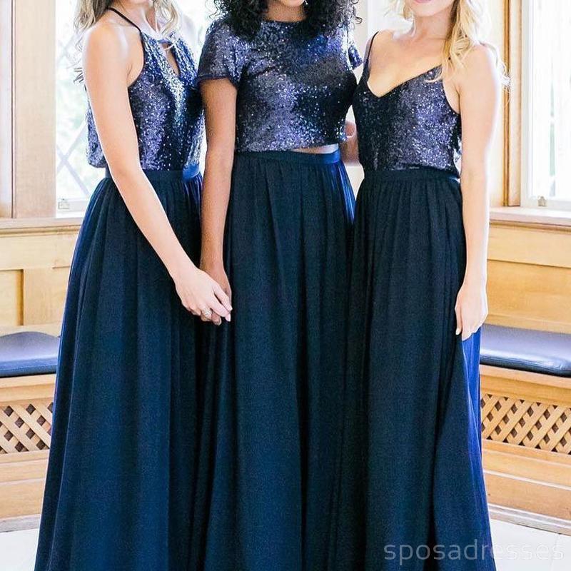 Vestidos de dama de honor largos personalizados de lentejuelas azul marino mal combinados baratos, WG232
