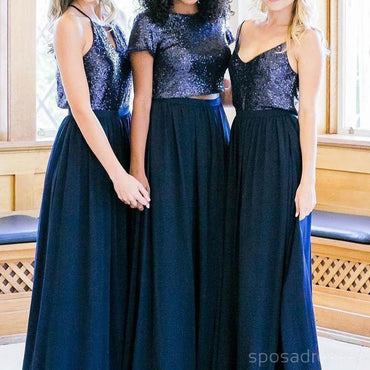 Vestidos de dama de honor largos personalizados de lentejuelas azul marino mal combinados baratos, WG232