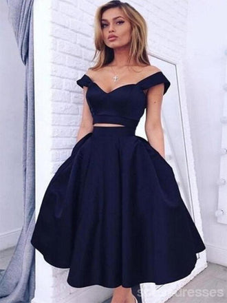 Dos piezas de hombro vestidos de la fiesta de promoción de regreso azules marino, vestidos de regreso baratos, CM358