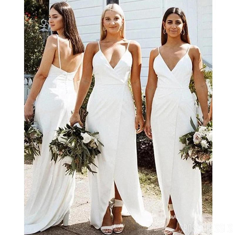 Robes de demoiselle d'honneur longues bretelles spaghetti blanc cassé en ligne, robes de demoiselles d'honneur pas chères, WG728