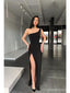 Black Sheath One Shoulder High Slit Cheap Long Prom Dresses Online,12881