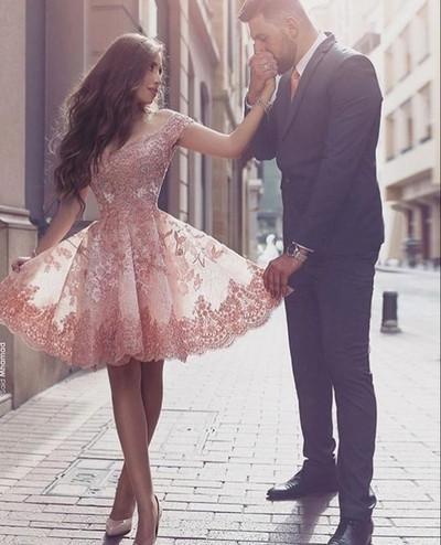 Off Shoulder Peach Lace Tulle Homecoming Prom Dresses, Cheap Homecoming Dresses, CM351