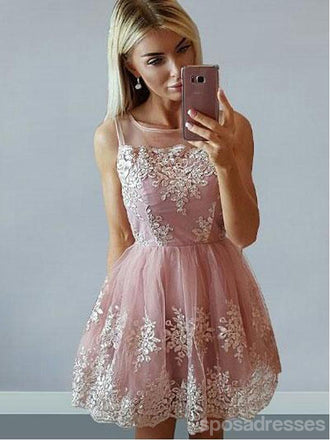 Cheap Cute Pink Scoop Straps Lace Homecoming Dresses 2018, CM473