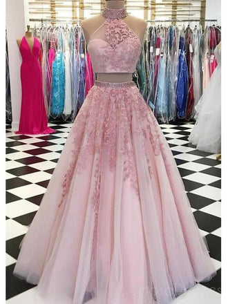 Sexy Halter Two Pieces Pink Lace Long Evening Prom Dresses, Cheap Custom Sweet 16 Dresses, 18538