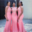 Elegant Pink Mermaid Halter Cheap Long Bridesmaid Dresses,WG1417