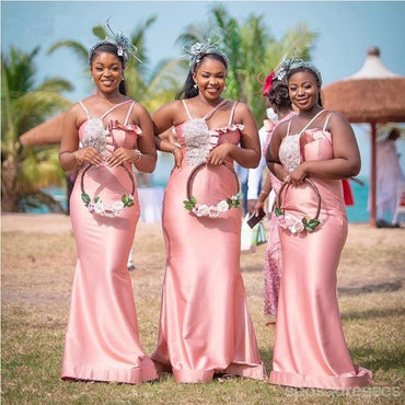 Pink Mermaid Spaghetti Straps Lace Applique Long Bridesmaid Dresses Online,WG1186