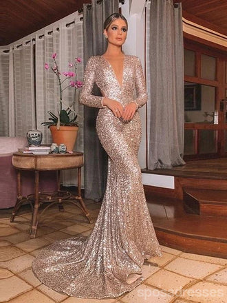 Sexy Mermaid Champagne Long Sleeves V-neck Cheap Prom Dresses Online,12585