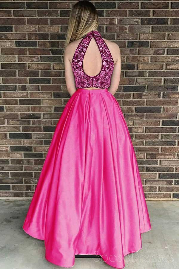 Sexy Two Pieces Open Back Halter Beaded A-line Long Evening Prom Dresses, 17687