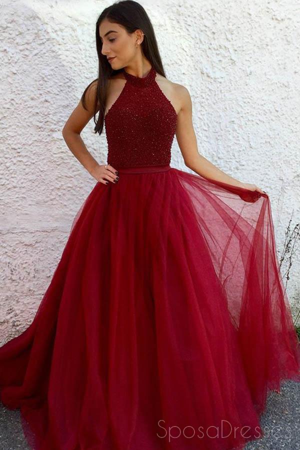 Halter rojo con cuentas una línea de vestidos de fiesta largos y baratos por la noche, barato Sweet 16 vestidos, 18390