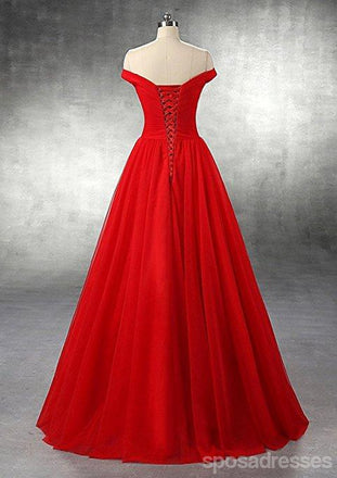 Simple Off Shoulder Maroon Tulle A-line Long Evening Prom Dresses, 17670