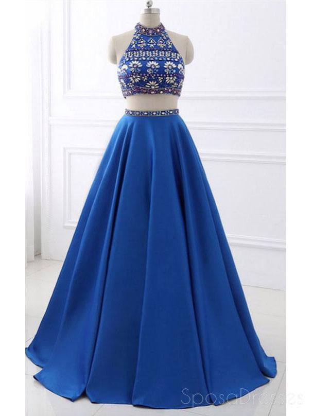 Sexy dos piezas de diamantes de imitación espalda abierta azul largo vestidos de baile de noche, 17656
