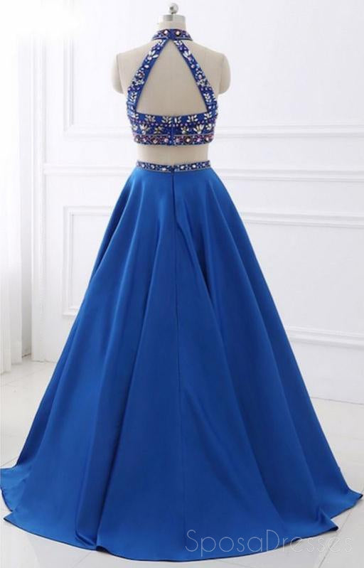 Sexy dos piezas de diamantes de imitación espalda abierta azul largo vestidos de baile de noche, 17656
