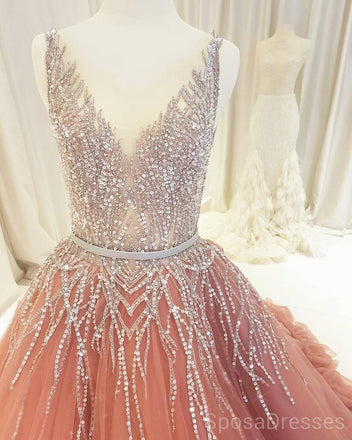 V Neck Sparkly Tulle A-line Peach Long Evening Prom Dresses, Cheap Custom Sweet 16 Dresses, 18506