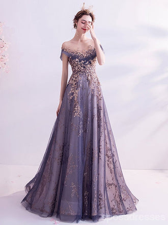 Purple A-line Off Shoulder Long Prom Dresses Online, Dance Dresses,12797