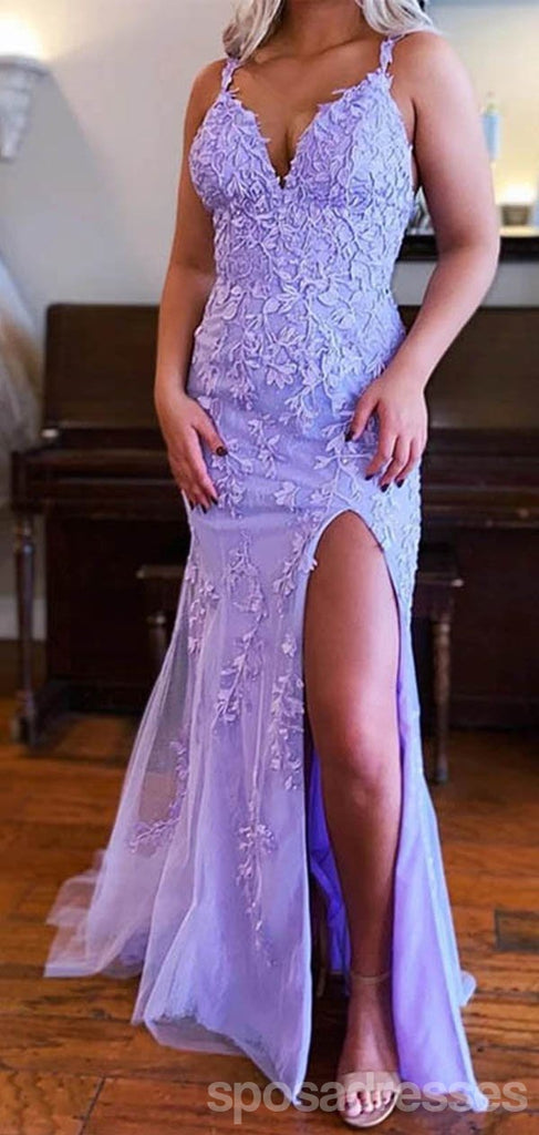 Purple Mermaid Spaghetti Straps V-neck High Slit Long Prom Dresses Online,12726