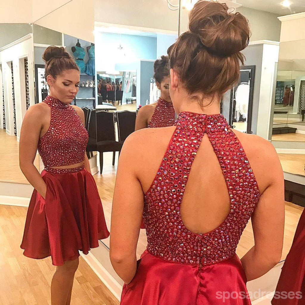 Sexy dos piezas corto Rhinestone lindo rojo Homecoming vestidos 2018, CM484