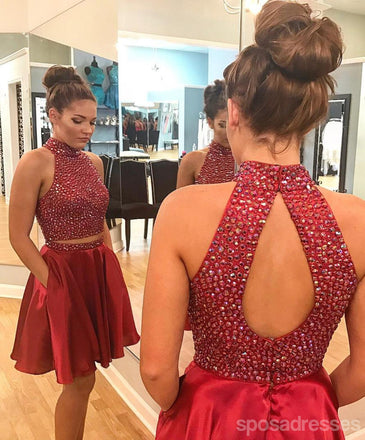 Sexy Two Piece Short Rhinestone Cute Red Homecoming Dresses 2018, CM484