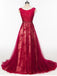 Scoop Cap Sleeves Red Lace Beaded Long Evening Prom Dresses, Cheap Custom Sweet 16 Dresses, 18524