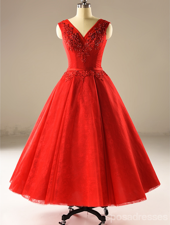 Red A line Tulle Wedding Dresses,  2017 Corset back Tea Length Custom Wedding Gowns, Affordable Bridal Dresses, 18002