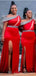 Red Mermaid One Shoulder High Slit Long Bridesmaid Dresses Online,WG1250