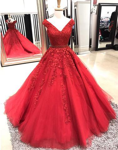 Off Shoulder Red A-line Lace Custom Long Evening Prom Dresses, 17721