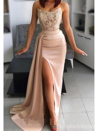 Rose Gold Mermaid Strapless High Slit Cheap Long Prom Dresses,13082