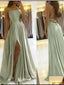 Sage A-line Spaghetti Straps High Slit Cheap Long Prom Dresses Online,12900