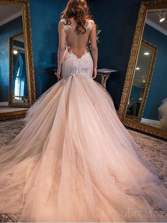 Sexy Backless Lace Mermaid Wedding Dresses, 2017 Tulle Cheap Wedding Gown, 17089
