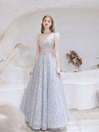 See Through Grey A-line Illusion Spaghetti Straps Long Prom Dresses Online,12755