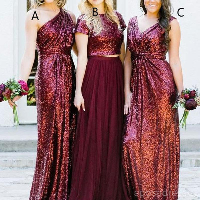 Vestidos de dama de honor largos personalizados de lentejuelas rojo oscuro mal combinados, WG235