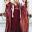 Vestidos de dama de honor largos personalizados de lentejuelas rojo oscuro mal combinados, WG235