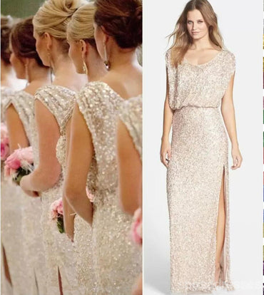 Casual V neck Gold Side Slit Long Sequin Bridesmaid Dresses Gown Online, WG1247