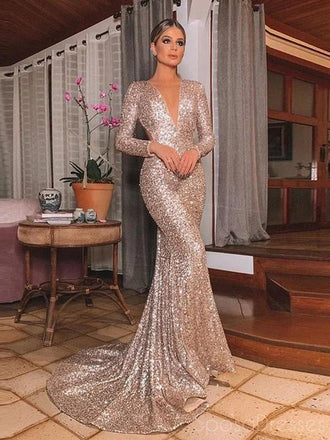 Mermaid V Neck Long Sleeves Long Prom Dresses, Sweet 16 Prom Dresses, 12519