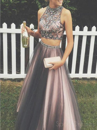 Sexy Two Pieces A line Beaded Evening Prom Dresses, Halter Long Tulle Party Prom Dress, 17085