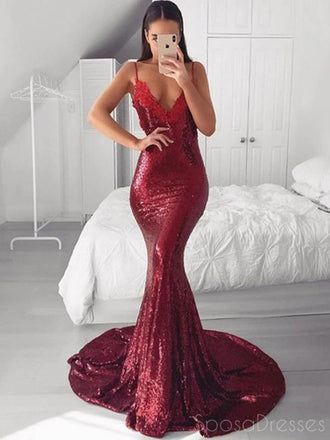 Mermaid V Neck Spaghetti Straps Long Prom Dresses, Sweet 16 Prom Dresses, 12425