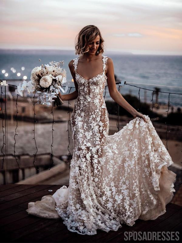 Sexy Straps Lace Mermaid Boho Wedding Dresses Online, WD731