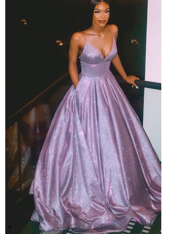 Spaghetti Straps Shiny Purple A-line Cheap Long Evening Prom Dresses, Evening Party Prom Dresses, 12147