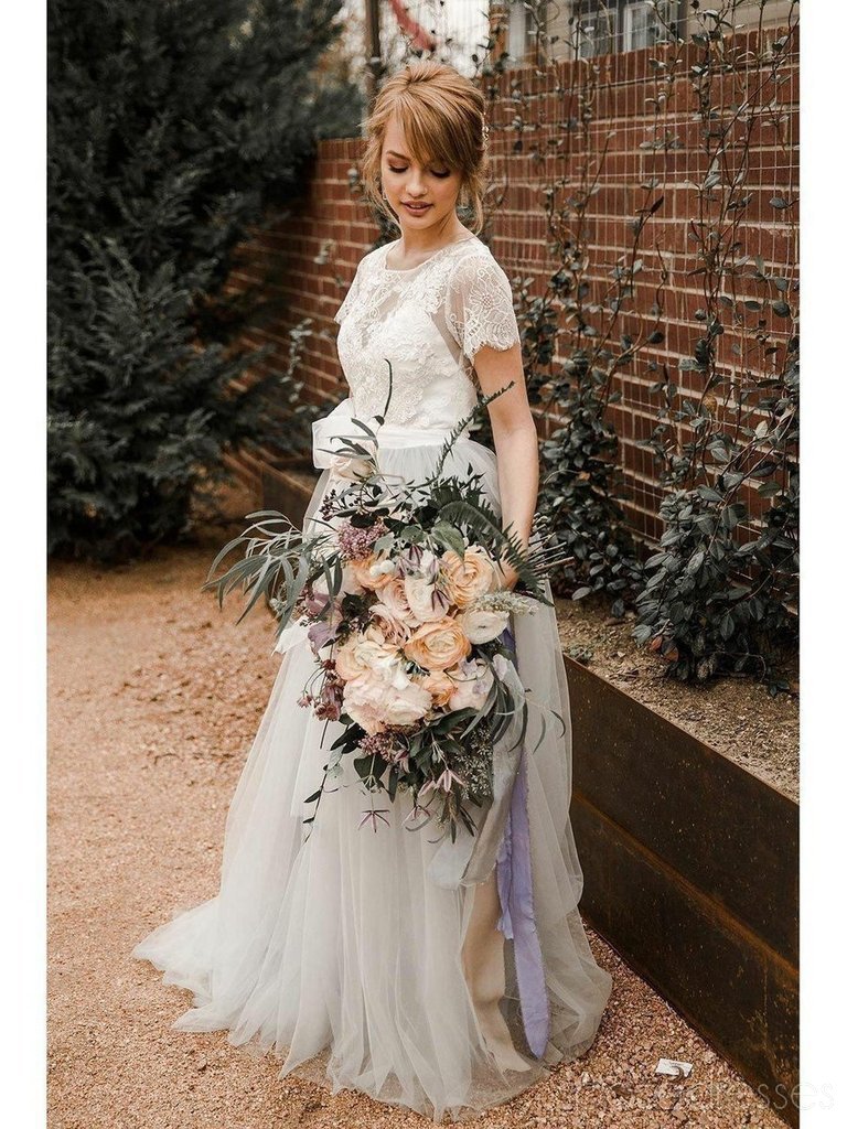 Vestidos de novia baratos únicos de encaje de manga corta en línea, vestidos de novia baratos, WD489