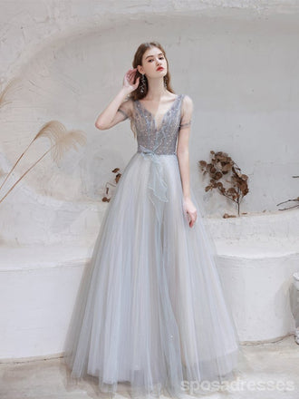 Short Sleeves A-line V-neck Long Prom Dresses Online,Evening Party Dresses,12762